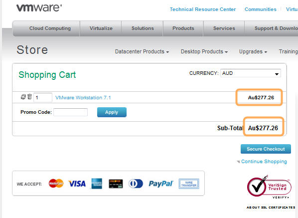 VMWare Cart with "Crooked" Australian Dollar Prices