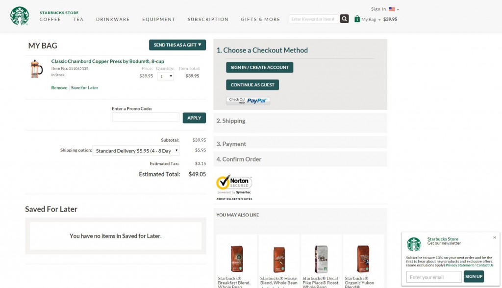 Starbucks shopping cart: A landing page from a blog post.